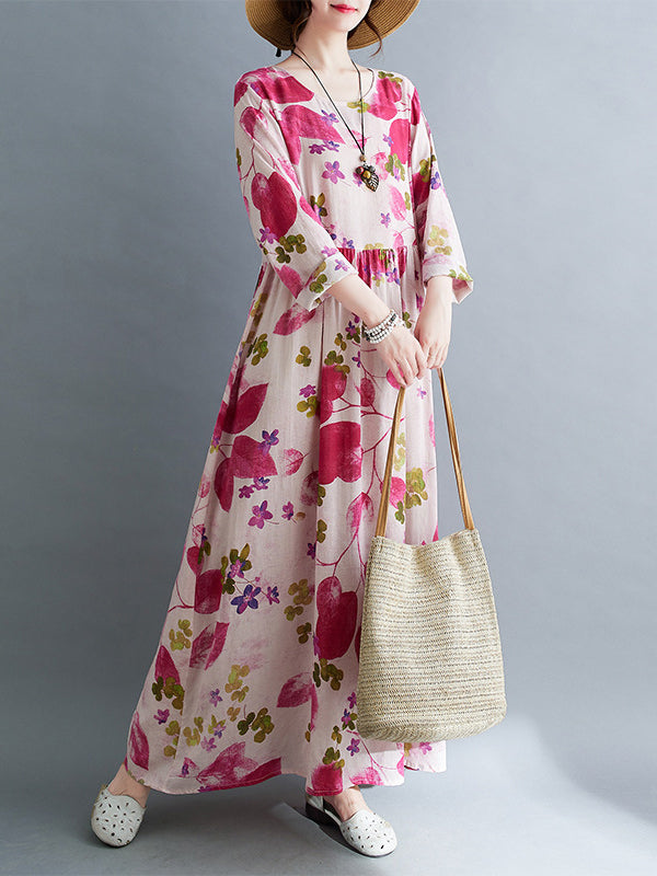 Long Sleeves Loose Flower Print Split-joint Round-neck Midi Dresses