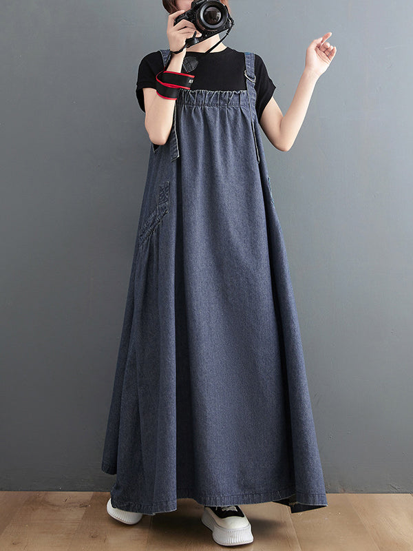 Loose Artistic Retro Color Strap Denim Midi Dress
