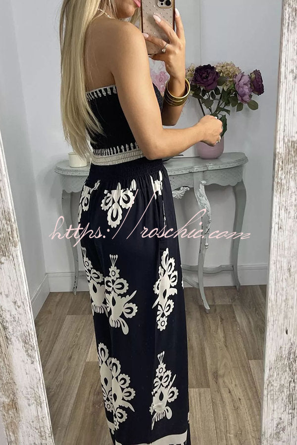 Larsen Print Off Shooulder Smocked Bust Pocketed Jumpsuit