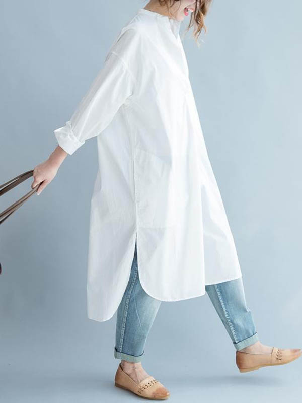 High-low Long Sleeves Buttoned Color Split-side Lapel Midi Dresses Shirt Dress