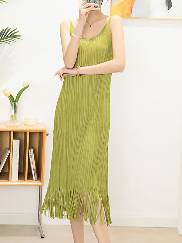 Loose Sleeveless Pleated Color Tasseled Spaghetti-neck Midi Dresses