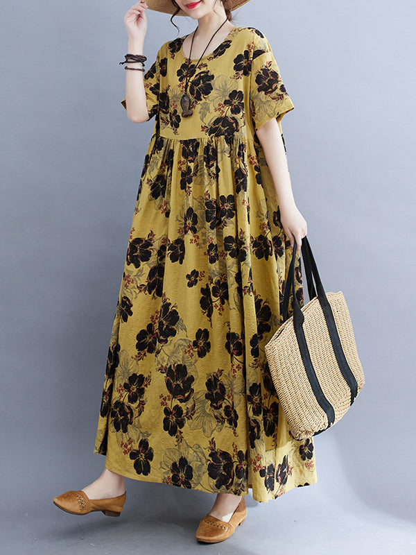 Loose Short Sleeves Pleated Printed Split-joint Round-neck Midi Dresses