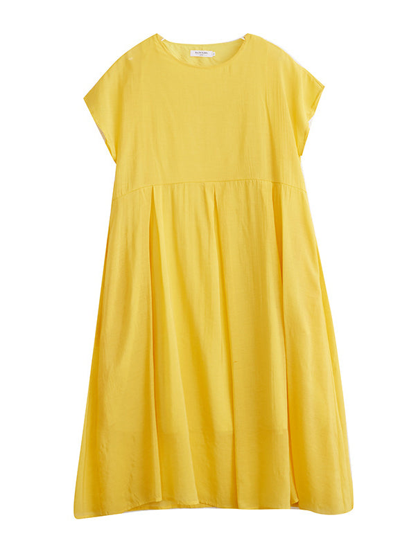 Loose Short Sleeves Color Split-joint Round-neck Midi Dresses