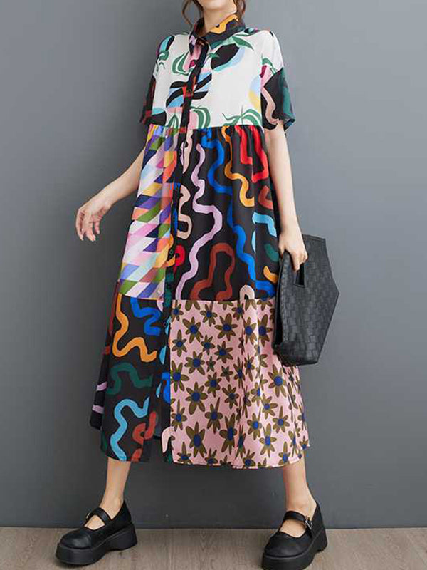 A-line Loose Buttoned Printed Split-joint Lapel Midi Dresses Shirt Dress
