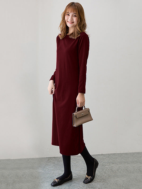 Simple Color Round-neck A-line Midi Dress