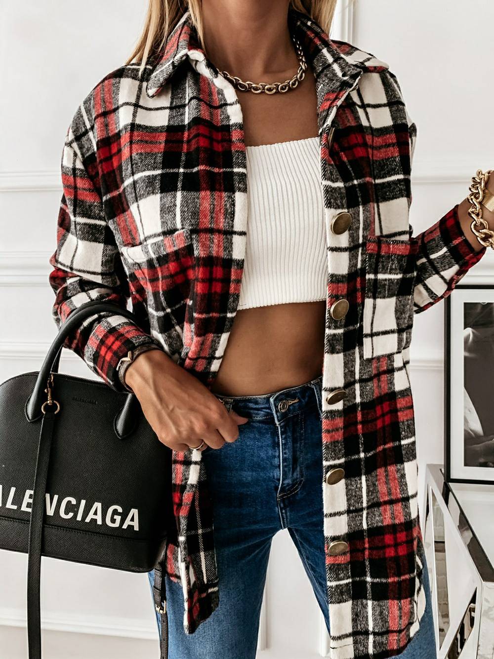 Plaid Brushed Wool Cardigan Jacket