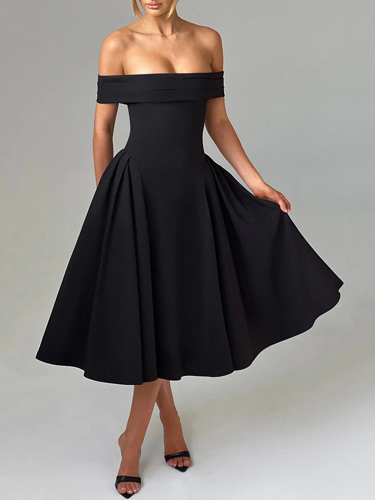 Off-shoulder Backless Midi Dress for Strapless Sleeveless A-line Loose Pleated Long Dress