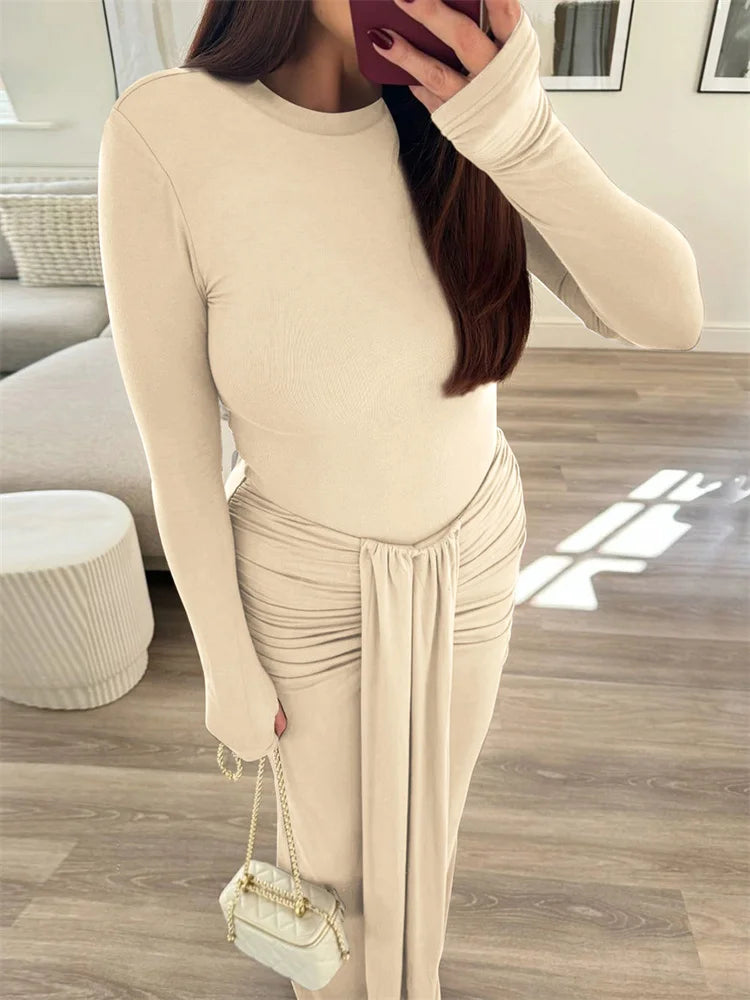 Pleated Tassel Slim Maxi Dress for Patchwork Lace-up Bandage Autumn Dress Female Party Dress