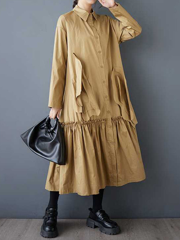 A-line Long Sleeves Buttoned Pleated Pockets Color Split-joint Lapel Midi Dresses