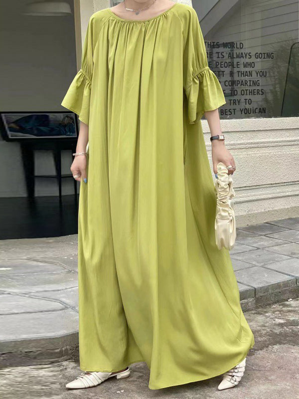 Half Sleeves Loose Color Round-neck Midi Dresses