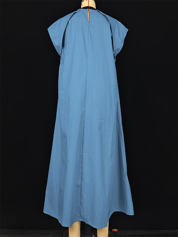 A-line Loose Pleated Tied Round-neck Midi Dresses
