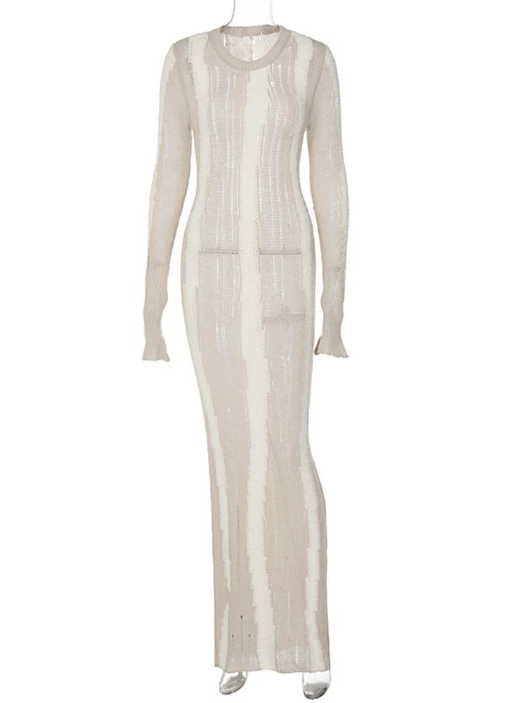 Hollow Out Knit Maxi Dress for Slim Long Sleeve Autumn Party Dress Female Knitwear Dress