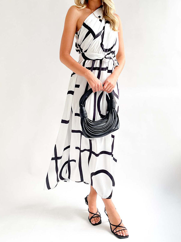 Loose Sleeveless Bandage Contrast Color Hollow Printed One-shoulder Midi Dresses