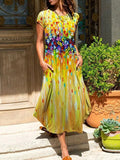 A-line Loose Flower Print Round-neck Midi Dresses