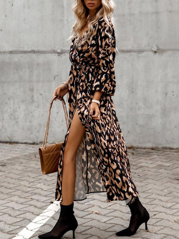 Vacation Loose Long Sleeves Split-side Leopard V-neck Midi Dresses