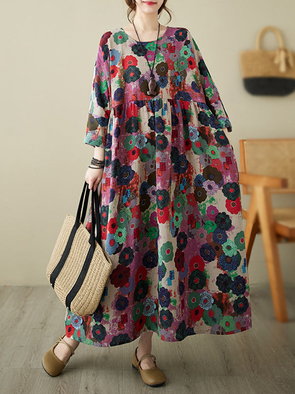Long Sleeves Loose Flower Print Pockets Split-joint Round-neck Midi Dresses