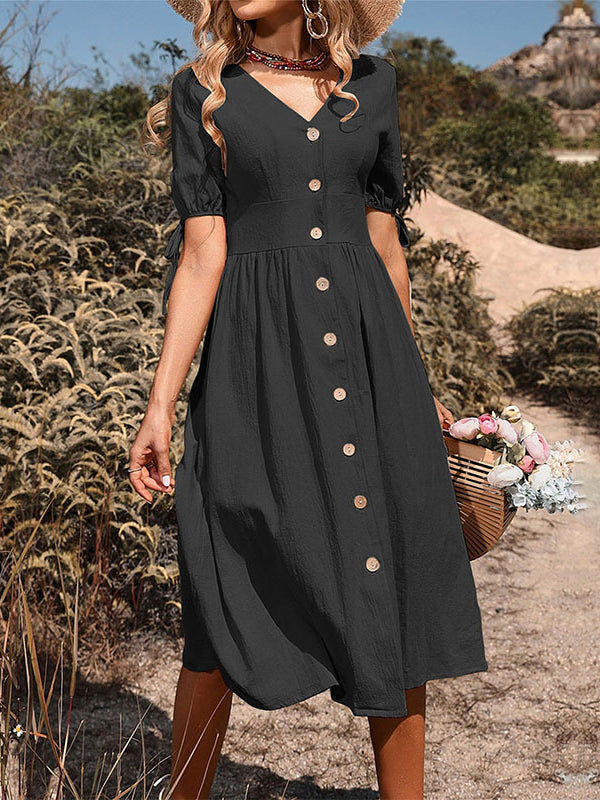 A-line High Waisted Buttoned Hollow Pleated Split-joint Tied V-neck Midi Dresses
