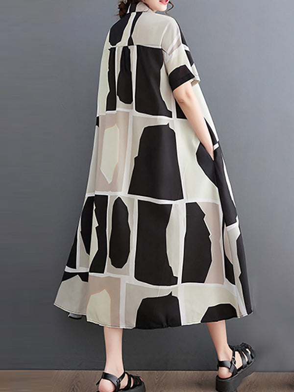 Loose Oversize Color-block Printed Lapel Midi Dresses Shirt Dress