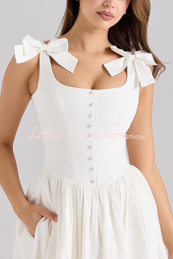 Real Darling Square Neck Bows Straps Button Up Pocketed Midi Dress