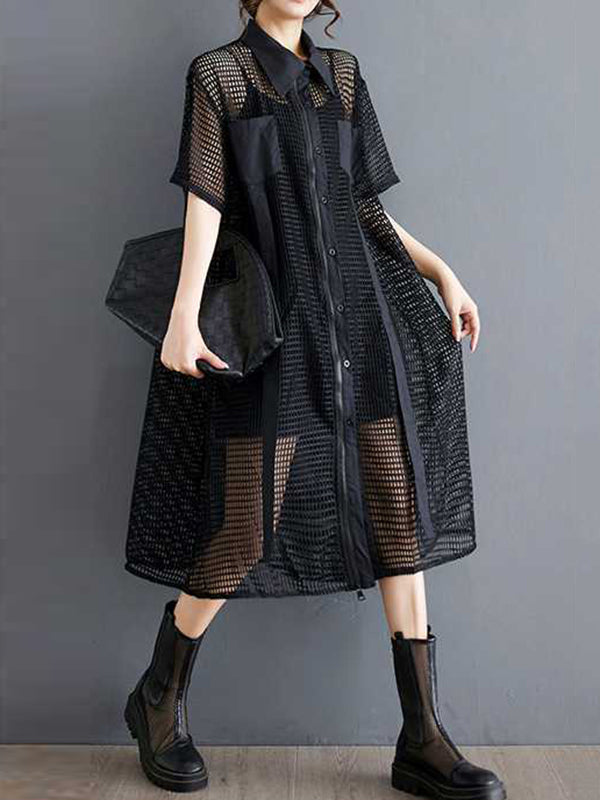 Half Sleeves Loose Hollow Color Split-joint Zipper Lapel Midi Dresses Shirt Dress