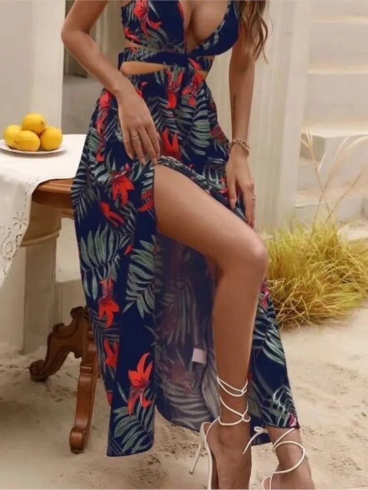 Print Halter Neck Slit Dresses Deep V-neck Hollow Out Backless Bowknot Leace-up Long Dress Female Vestidos