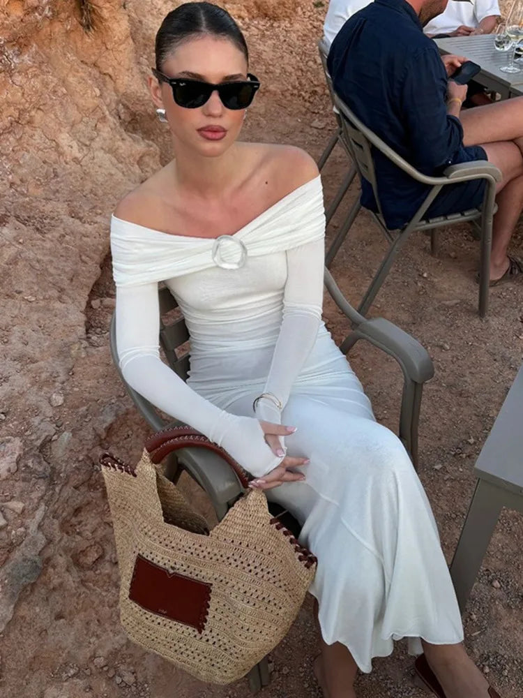 Off-shoulder Long Sleeve Maxi Dress for Autumn New Strapless Backless Bodycon Club Party Long Dress