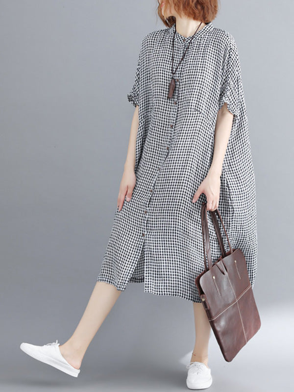 Artistic Retro Loose Split-joint Plaid Buttoned Stand Collar Half Sleeves Midi Dress