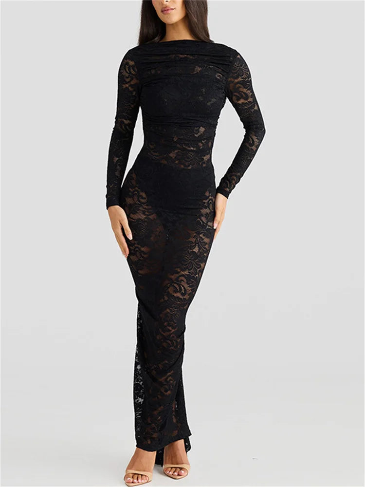 White Lace Backless Long Dress for See-through High Waist Printed Slim Hollow Out Dress ’s Party Dress