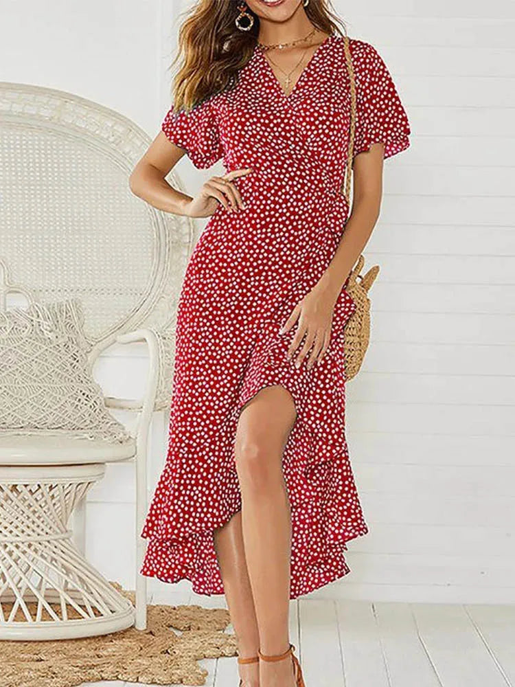 Summer Beach Maxi Dress Print Long Chiffon Dress Ruffles Wrap V-neck Split Party Dress Robe Femme