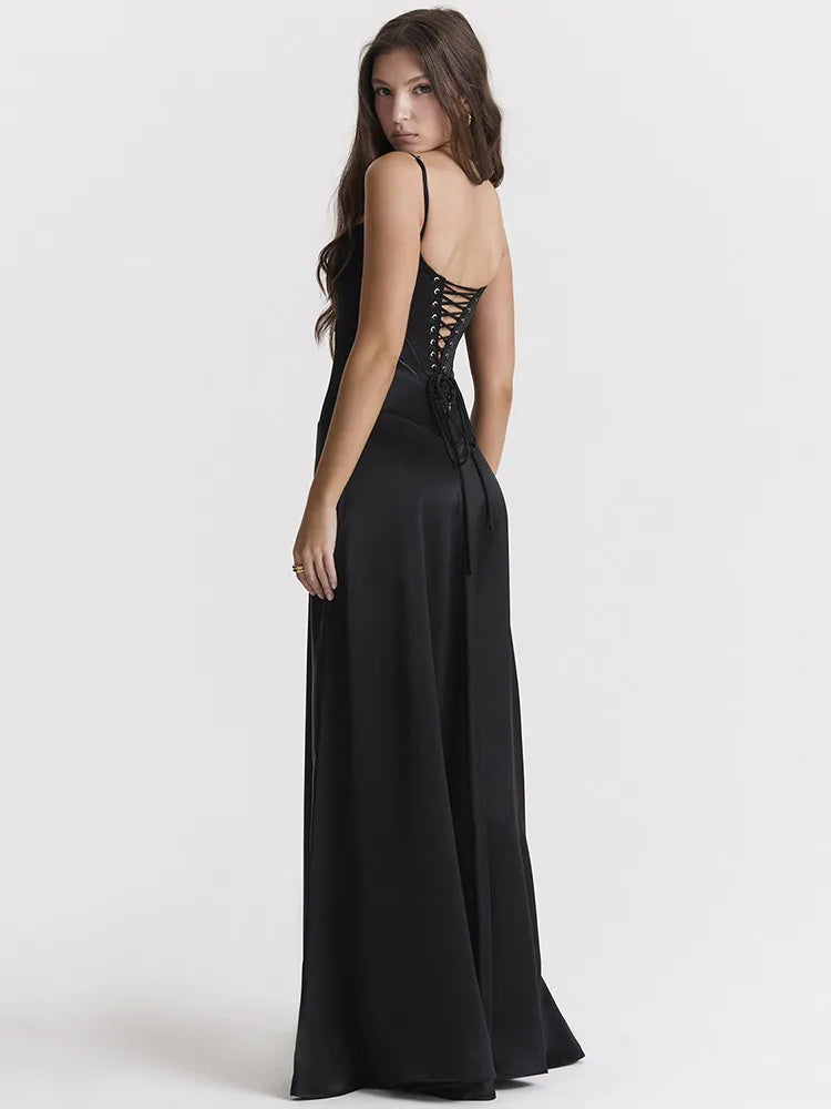 Lace-up Satin Maxi Slipdress Black Spaghetti Strap Sleeveless Backless Maxi Dress Femme Club Party Evening Dress