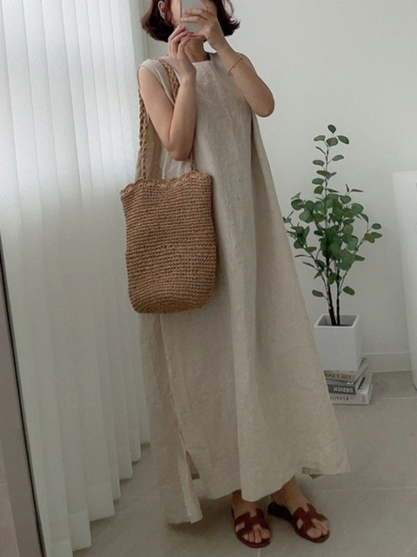 Simple Color Split-side Round-neck Sleeveless Midi Dress
