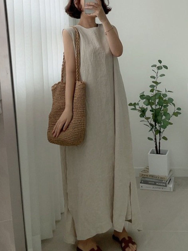Simple Color Split-side Round-neck Sleeveless Midi Dress