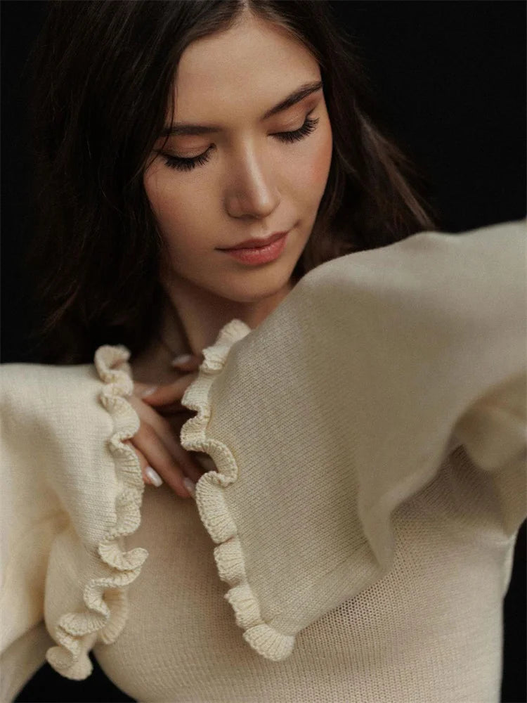 Ruffled Backless Knit Dress Female Lace-up High Waist Long Sleeve Maxi Dress Knitwear Bandage Dress