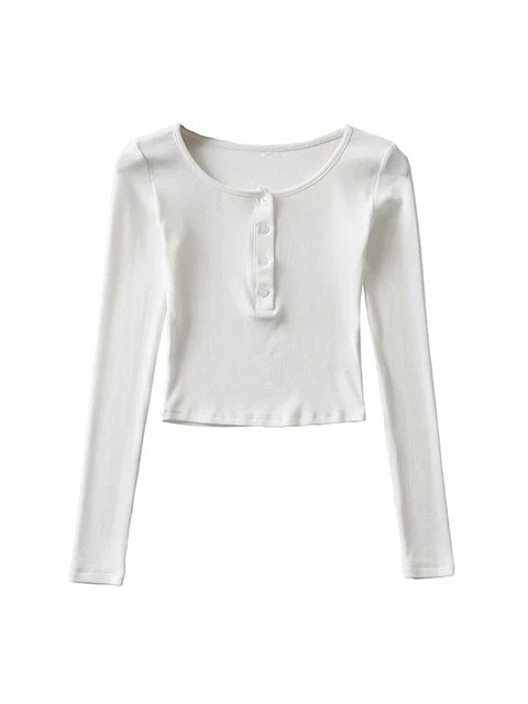 ’s Spring Autumn Slim Crop Tops Color Long Sleeve Button Down T-shirt Basic Tee Harajuku Tops