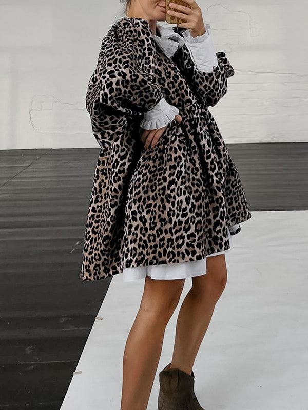 Puff Sleeves Contrast Color Falbala Leopard Split-joint Mini Dresses