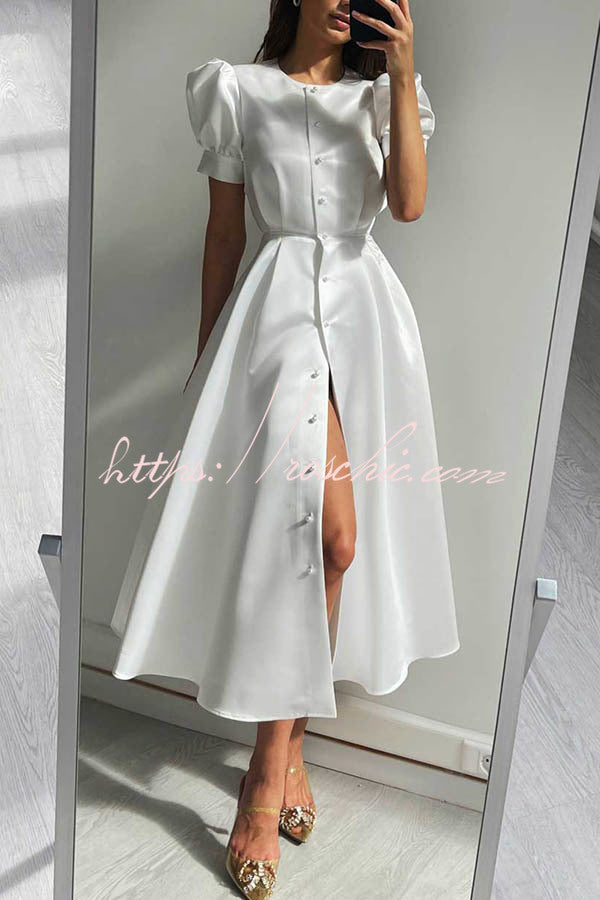 And Classy Vibe Puff Sleeve Pearl Button Slit Midi Dress