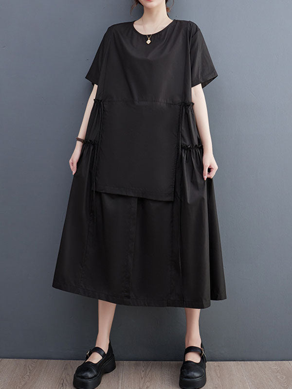 Loose Short Sleeves Color Split-joint Round-neck Midi Dresses