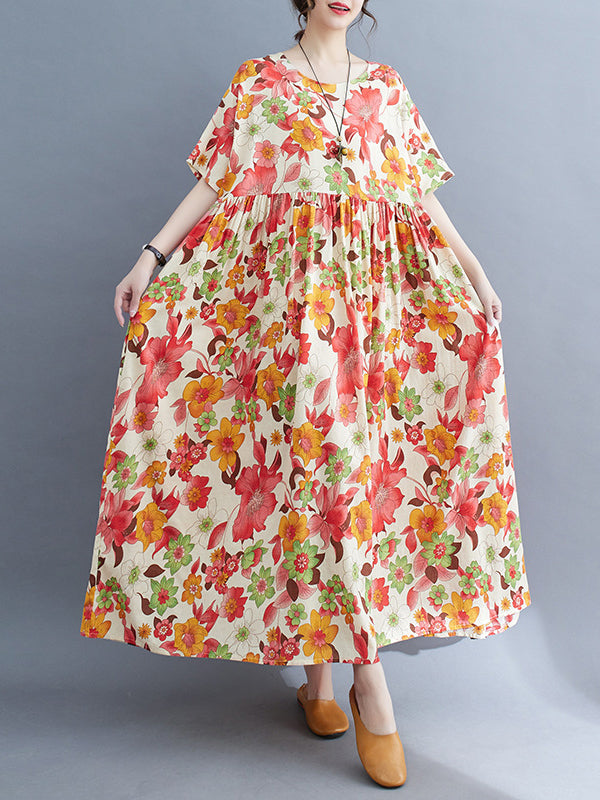 Loose Short Sleeves Pleated Printed Split-joint Round-neck Midi Dresses
