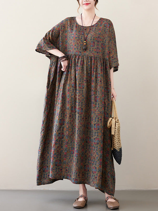Vacation Loose Half Sleeves Printed Pleated Round-neck Midi Dresses
