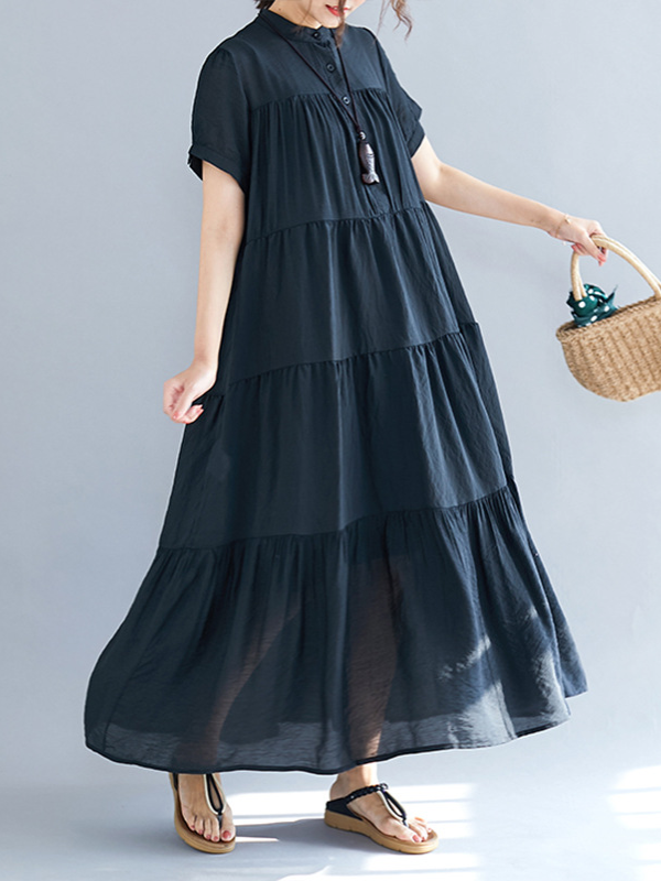 Loose Split-joint Pleated Short Sleeves Round-neck Midi Dress