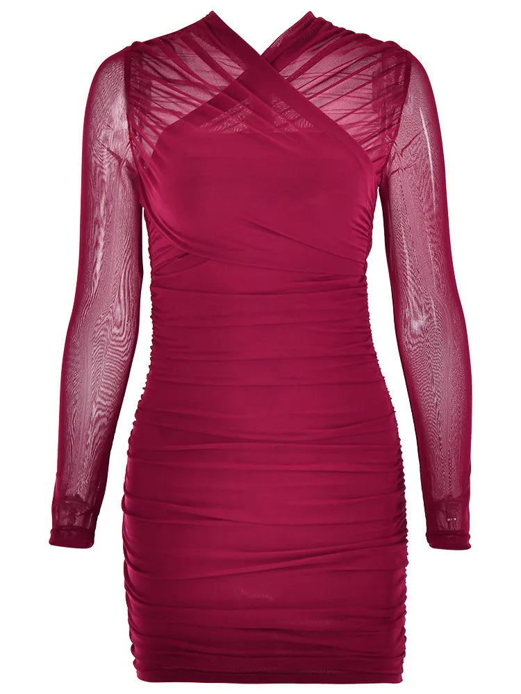 Mesh Patchwork Perspective Long Sleeve Dress for Tight Ruffled Zipper Mini Dress Female Party Club Evening Dress