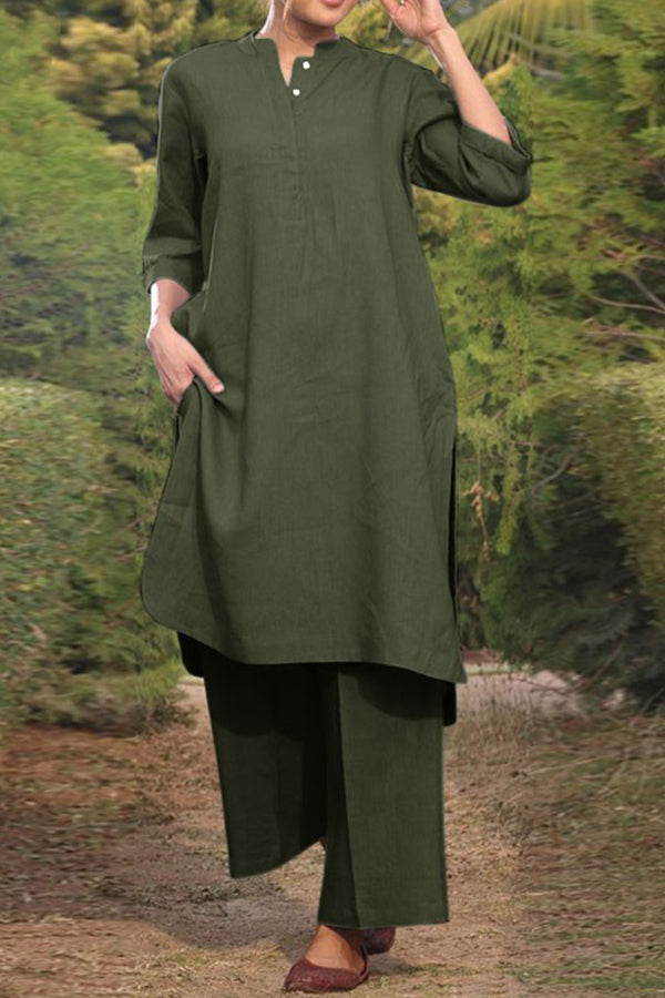 Cotton and Linen V-neck 3/4 Sleeve Wide Brimmed Pants 2-piece Set