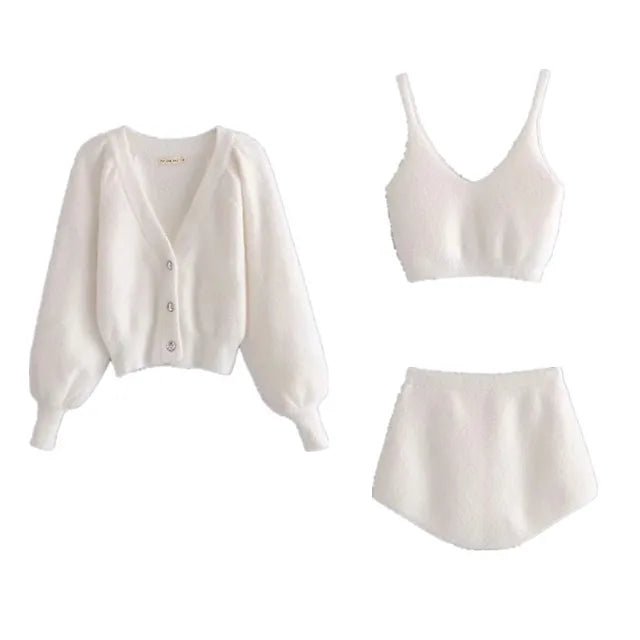 Two Piece Sets Outfits White Plush Mohair Drill Button Cardigan Coats With Bra Tops and Mini Shorts Matching Sets