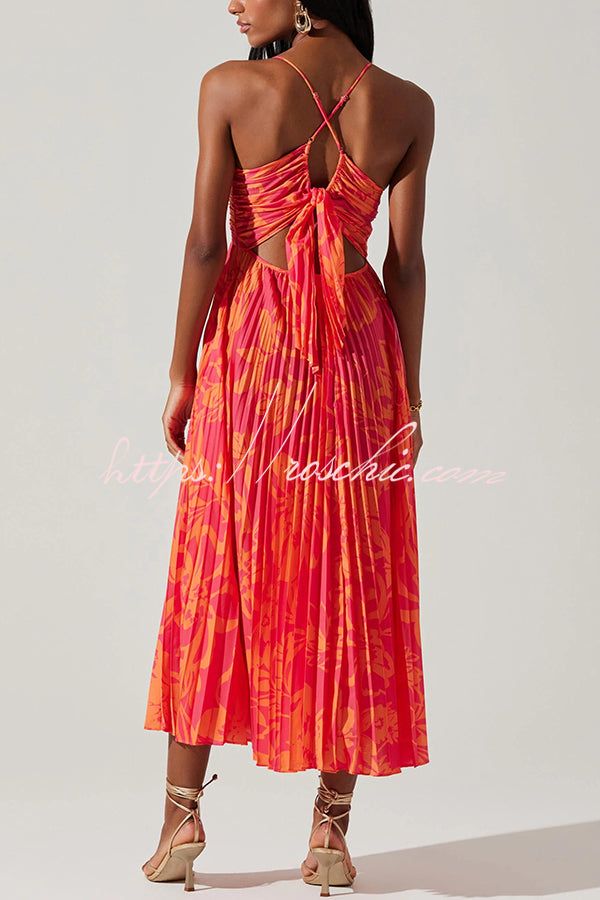 Wedding Party Season Print Pleated Back Tie-up Midi Dress