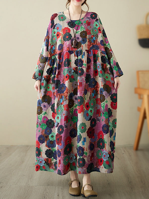 Long Sleeves Loose Flower Print Pockets Split-joint Round-neck Midi Dresses