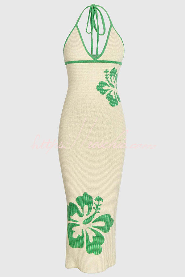 Midsummer Knit Pattern Mermaid Hem Halterneck Stretch Midi Dress