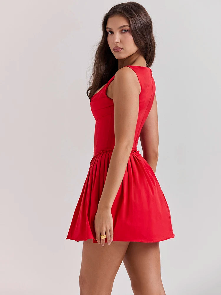 Red Sleeveless Mini Dress Square Collar Backless Corset Dress Femme A-line Club Party Dress
