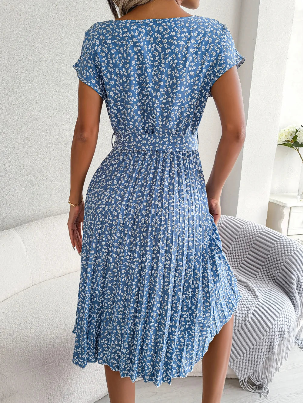 Summer Short Sleeve Long Dress O Neck Lace Up Pleated A-line Office Female Vestidos
