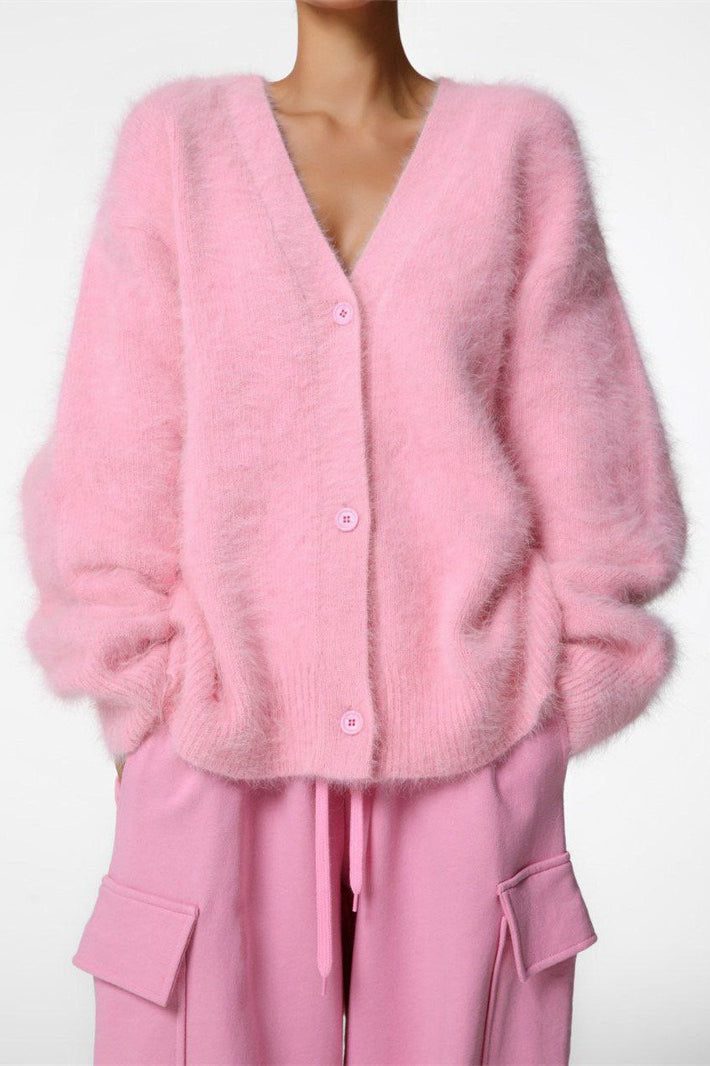 V-neck Fluffy Knit Cardigan Sweater