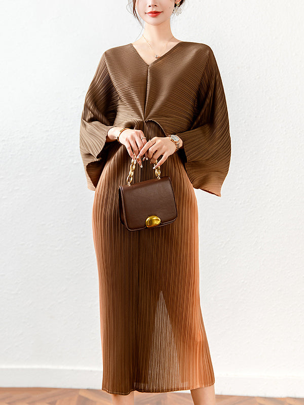 Loose Batwing Sleeves Gradient Pleated Midi Dress